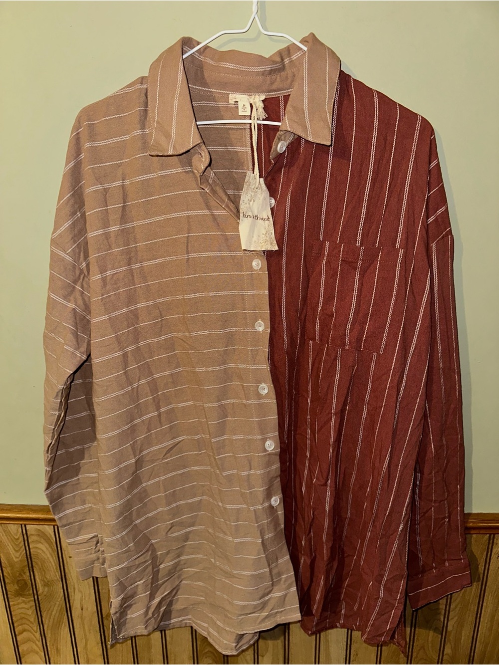 Hem & Thread Split-Stripe Button-Down Shirt in Tan and Rust